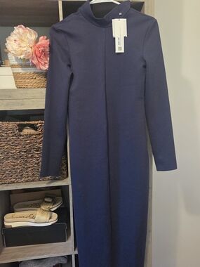 Zara Navy Long Sleeve Midi Dress